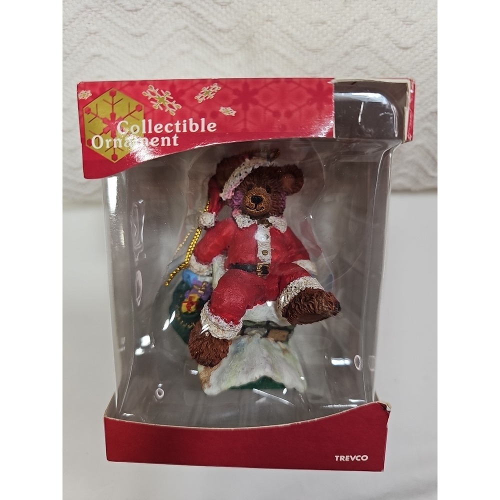 VTG -Ornament Trevco Christmas Santa Bear Trying To Fit In Chimney W/Toy Bag NEW